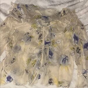 Cream Ruffled Tie Front Blouse with Bib Collar